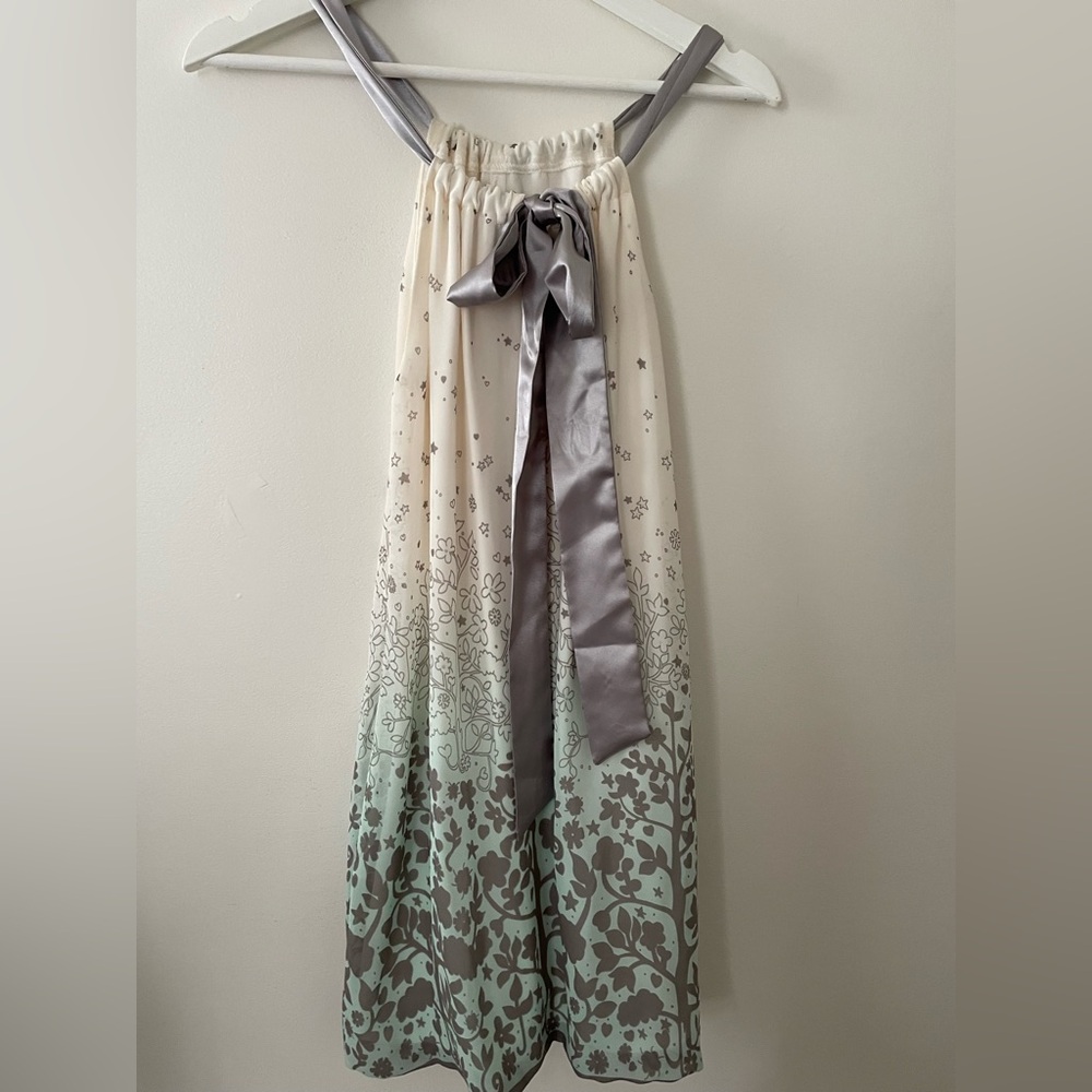Cream and Gray Mini Dress with Satin Ribbon
